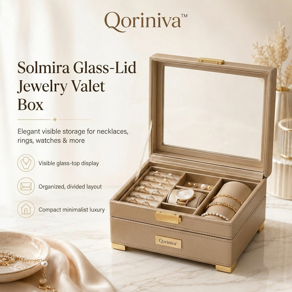 Qoriniva™ Solmira Glass-Lid Jewelry Valet Box